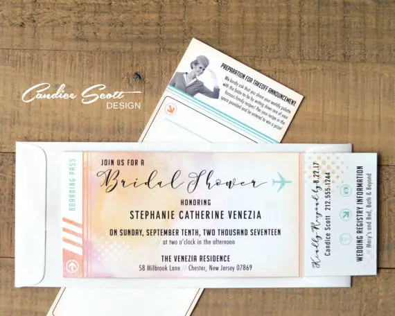 Travel Theme Bridal Shower Invitation Plane Ticket and Recipe Card