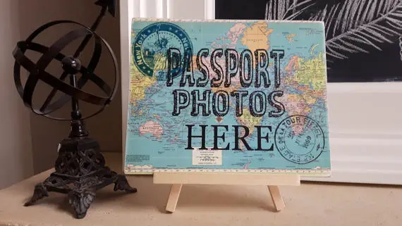 Travel theme wedding, wedding decor, adventure themed bridal shower, baggage claim sign, travel themed party; photo booth prop; Passport