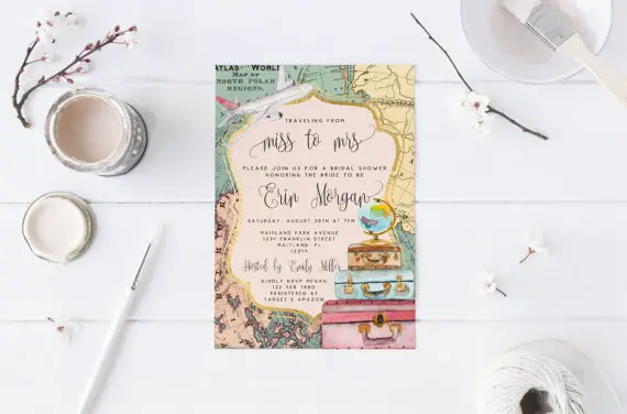 Traveling from Miss to Mrs Bridal Shower Invitation Travel Invitation Bachelorette Party Invitation Luggage Travel Map Invitation