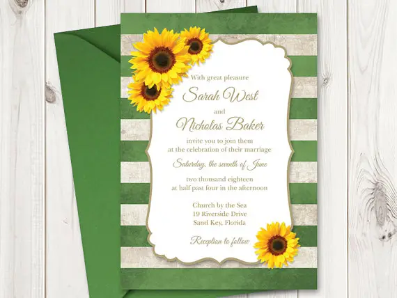 DIY Sunflower Wedding Invitation Printable Template with Green Stripes. Vintage Wedding Invitations. Rustic Wedding DIY by Shishko Templates