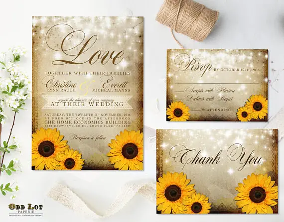 Rustic Sunflower Wedding Invitation and RSVP Yellow Sunflower Invitation Summer Wedding Fall Wedding DIY Printable Sunflower Wedding Set by Odd Lot Paperie - midsouthbride.com