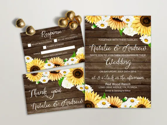 Rustic Wedding Invitation Printable, Sunflower Wedding Invitation, Brown Wood Country Wedding Invite, Printable Wedding Invitation Daisy by LIPA MEA - midsouthbride.com