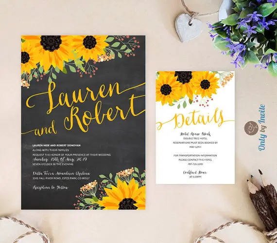 ustic sunflower wedding invitation and reception card pack | Fall wedding invitations | Chalkboard wedding invitations printed by Only By Invite - midsouthbride.com