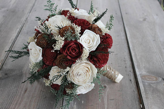 Winter Wedding Sola Bouquet, Cedar Rose Bouquet, Burgundy & Ivory Sola Flower Bouquet, Burgundy Sola Bouquet, Christmas Wedding Bouquet