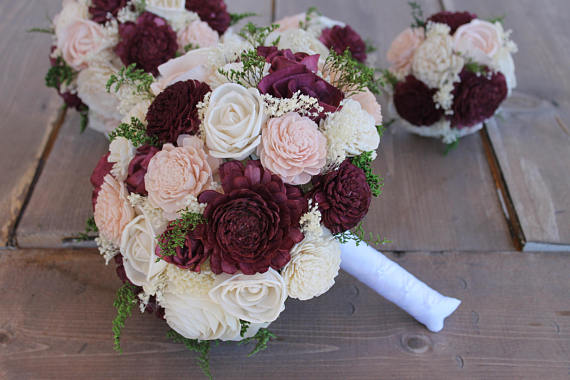 winter wedding bouquet ideas - Wine, Blush Pink, & Cream Sola Wood Bouquet, Wine Sola Bouquet, Blush Pink Sola Bouquet, Winter Wedding Bouquet, Pink Sola Bouquet