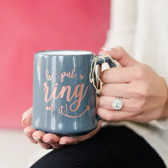 Engraved he put a ring on it! Rose Gold Coffee Mug (ONE) Dansk Porcelain Gray Mug by Happily Ever Etched - midsouthbride.com