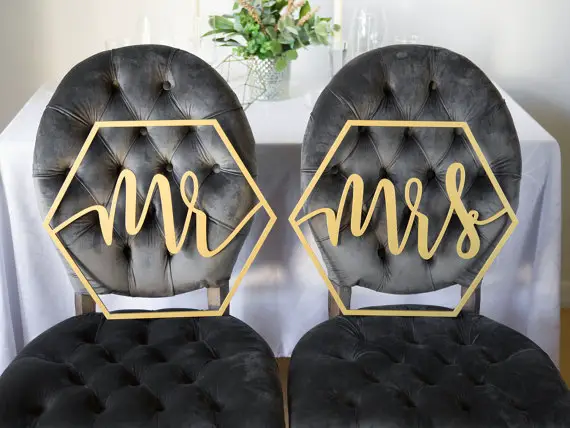 Hexagon Wedding Chair Signs Geometric Style for Bride and Groom Wedding Chairs by ZCreateDesign