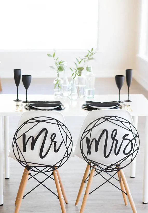 Modern Wedding Chair Signs Geometric Style for Bride and Groom Wedding Chairs by ZCreateDesign