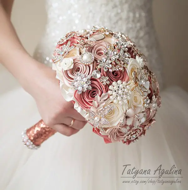 Pink Brooch Bouquet Wedding Bouquet, Bridal Bouquet, Blush Bouquet, Ivory Bouquet by Tatyana Angulina