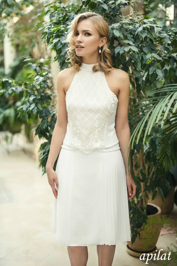 Short Wedding Dress with Accordion Pleated Chiffon Skirt by Apilat Wedding