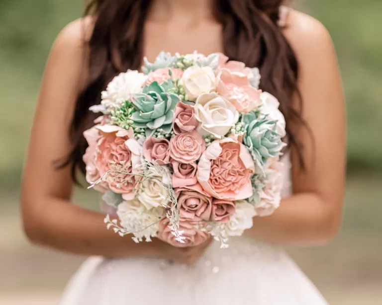 Rosy Succulent Wood Flower Bouquet by Pine & Petal Weddings