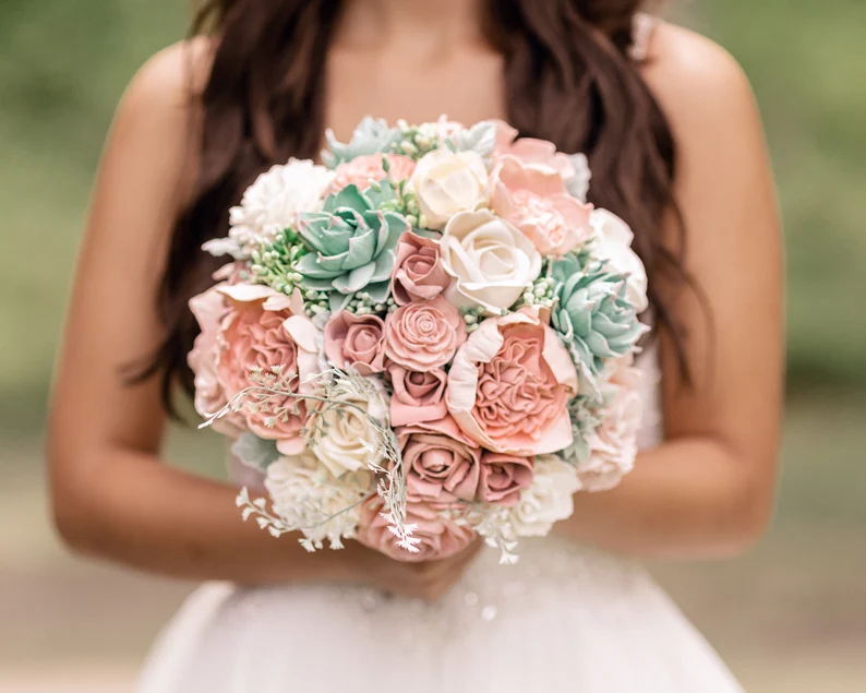 Wedding Bouquet - Peach/Blush/Blue - Dried Flowers Forever