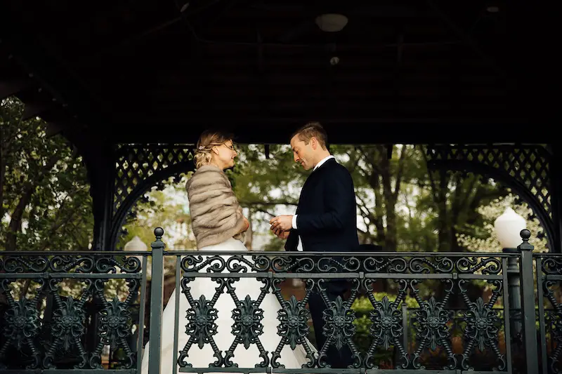 couple exchanging words in metal gazebo area at Metal Museum Memphis wedding photo by The Warmth Around You
